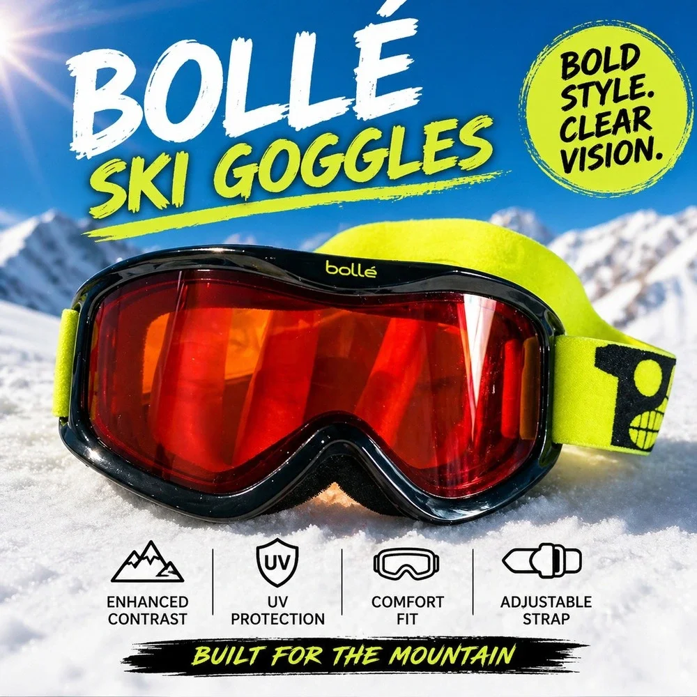 Bollé Ski‎ Goggles Red Lens Neon Strap Snowboard Snow UV Protection Adjustable